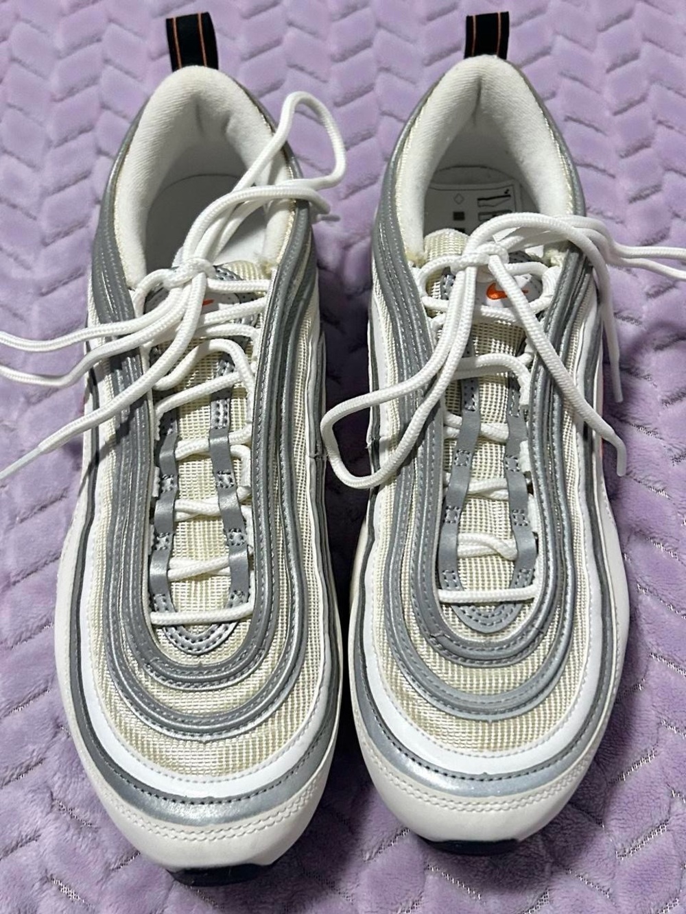 Nike Women’s Air Max 97 Cone trainer sneakers in white and grey.